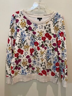Talbots Cream Floral Pullover Sweatshirt with Red & Blue Blooms